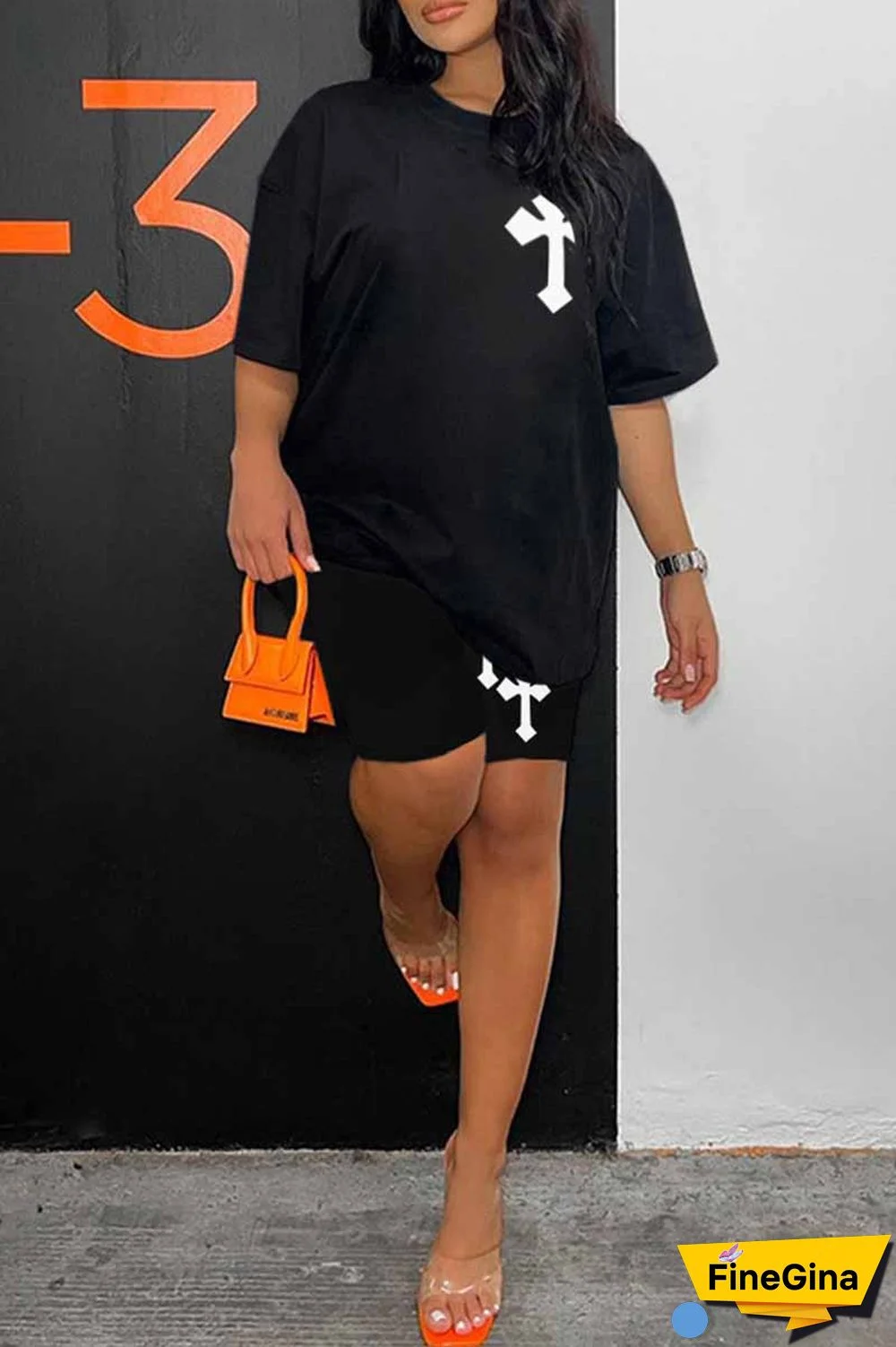 Blue Casual Print Patchwork O Neck Short Sleeve Two Pieces