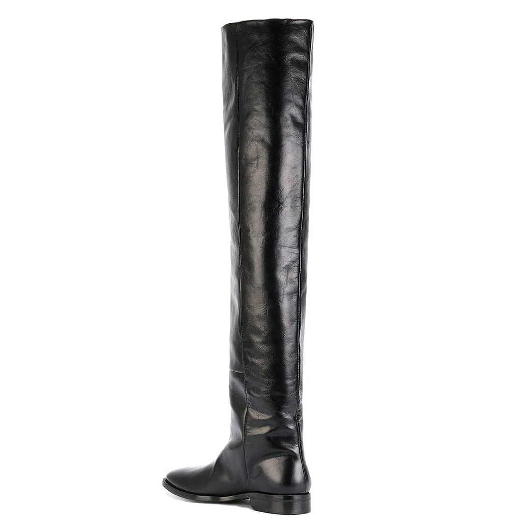Black Vegan Leather Almond Toe Pull-On Thigh-High Boots for Women