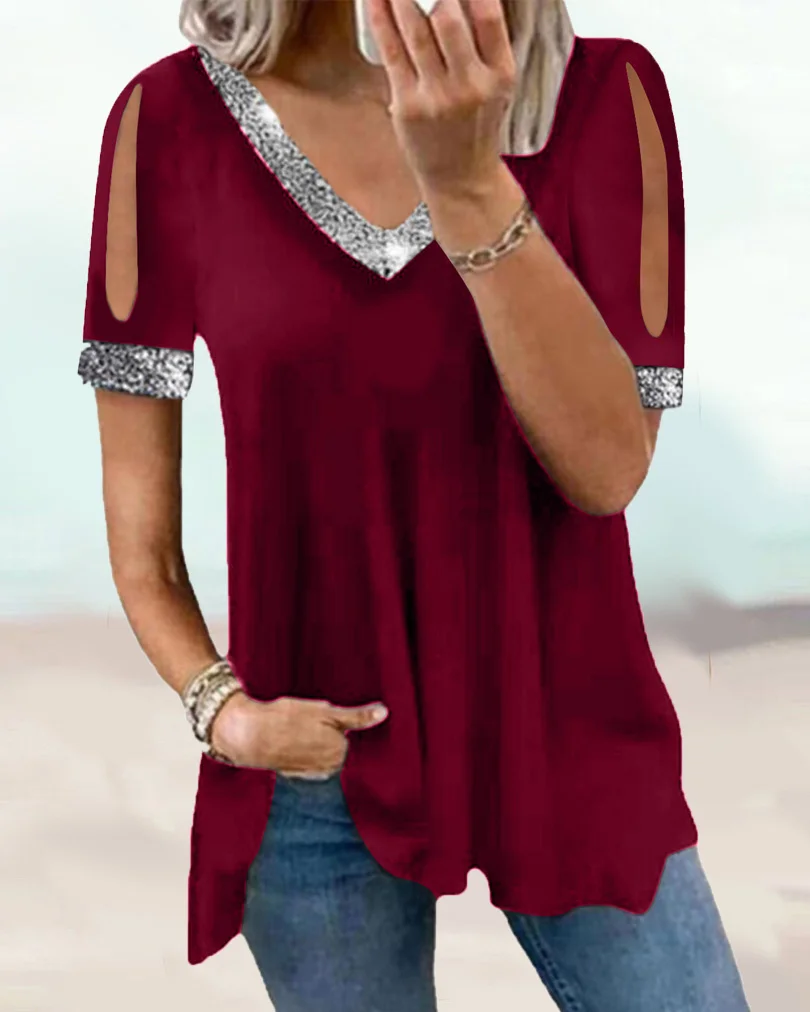 Off-Shoulder Fashion Solid Color Sequined Women's T-Shirt Top