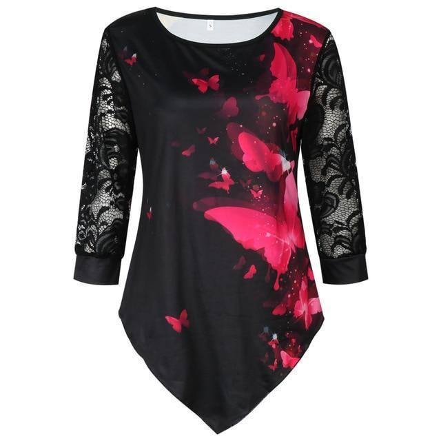 Shirt Blouse Women Plus size 5XL Fashion New Spring Summer print Black Tops 3/4 Lace Sleeve Elasticity Female Shirt Casual