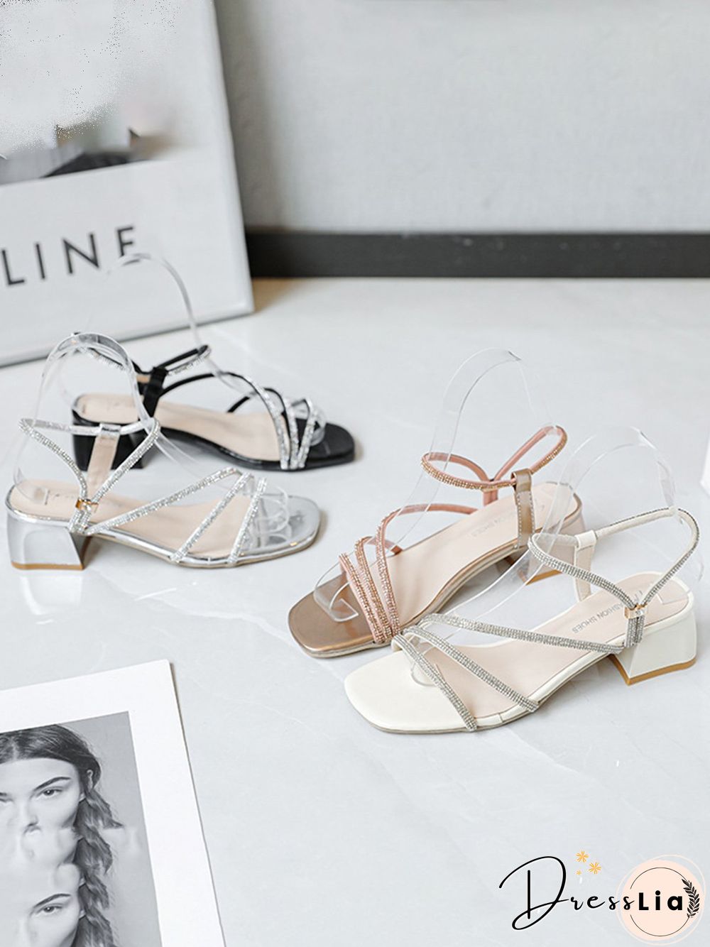 Rhinestone Thin Strap Chunky Heel Sandals