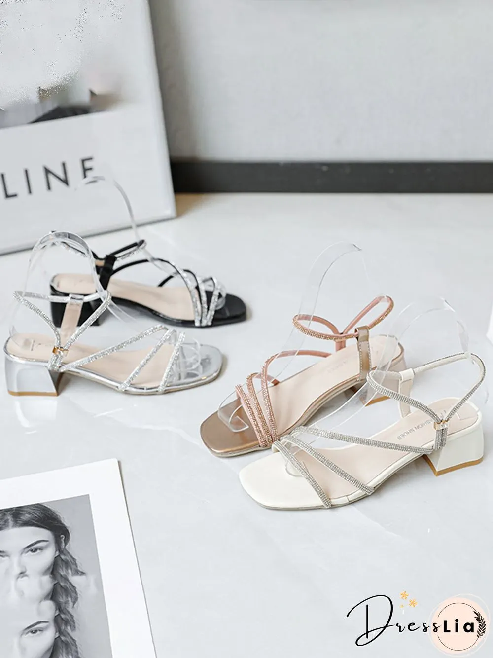 Rhinestone Thin Strap Chunky Heel Sandals