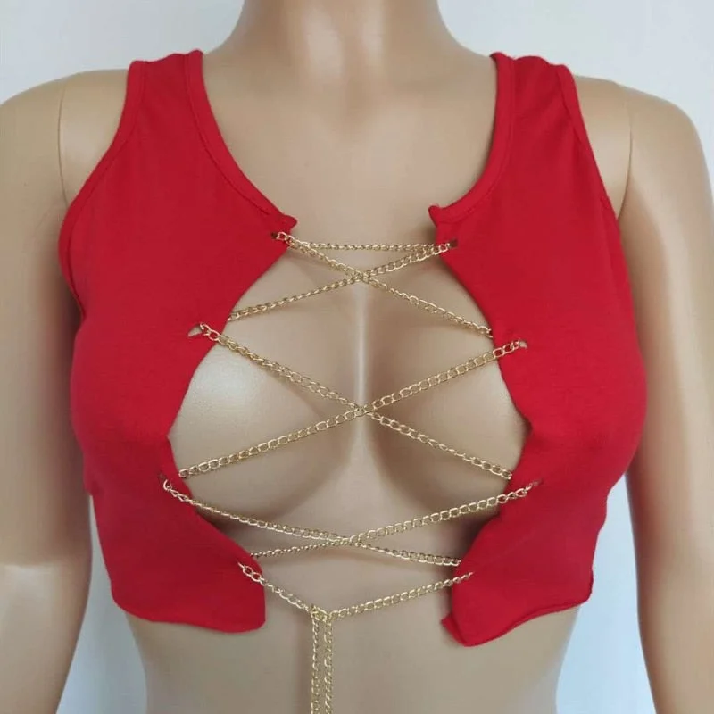 Red Black White Metal Chain Sleeveless Crop Top Sexy Clubwear Women Adjustable Lace Up Hollow Out Tank Tops Tees Camisole 531