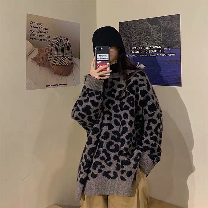 Women Leopard Pullovers Knitting Loose Harajuku Cool Girls Soft O-neck Trendy Slouchy Female Sweaters Teenagers High Quality Hot