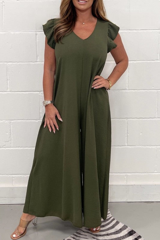 Green Ruffled Sleeve Back Tie Jumpsuit