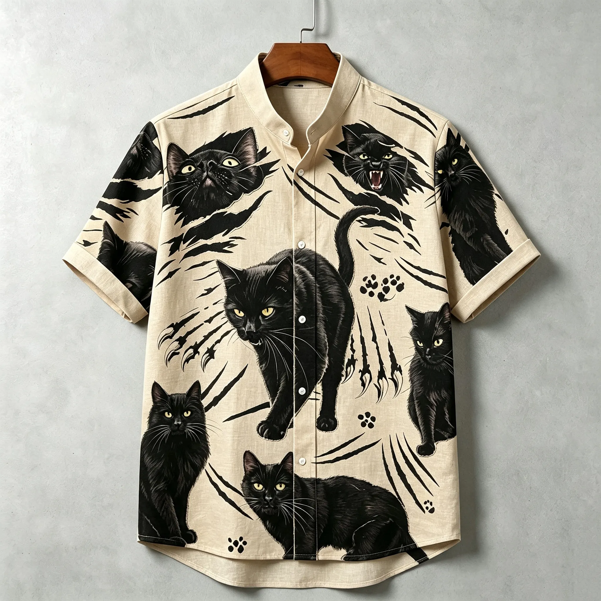Men's Retro Black Cat Ripped Art Pattern Casual Shirt  artssus