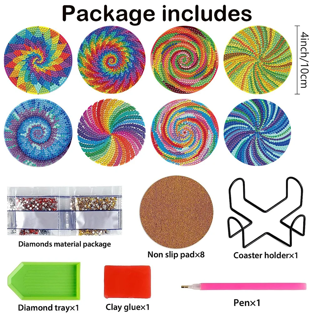 8pcs DIY Typology Art Acrylic Diamond Painting DIY Coaster for Adults Kids