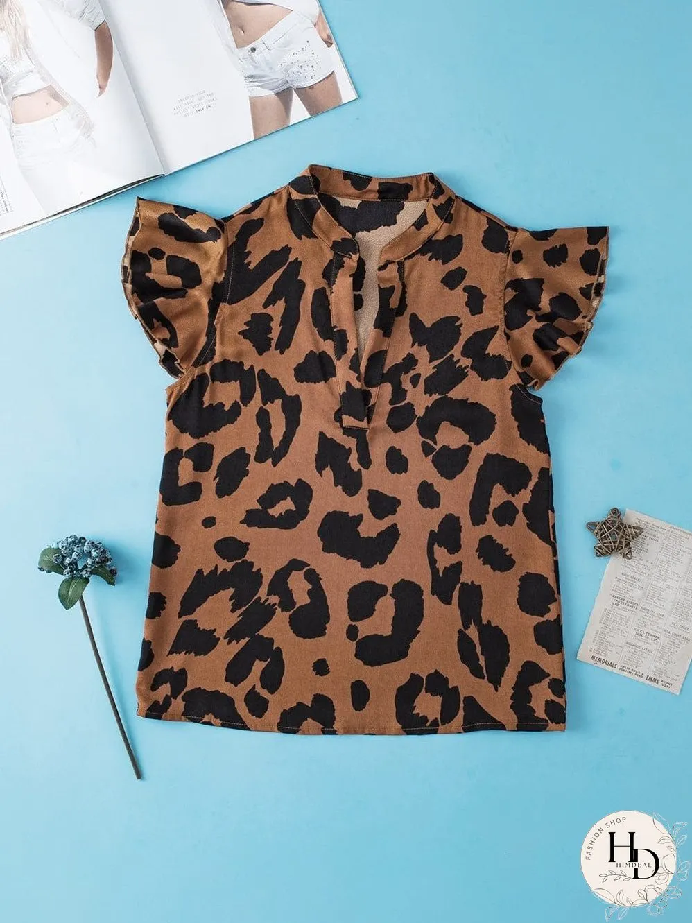 Leopard Print Split Neck Ruffle Sleeve Brown Blouse