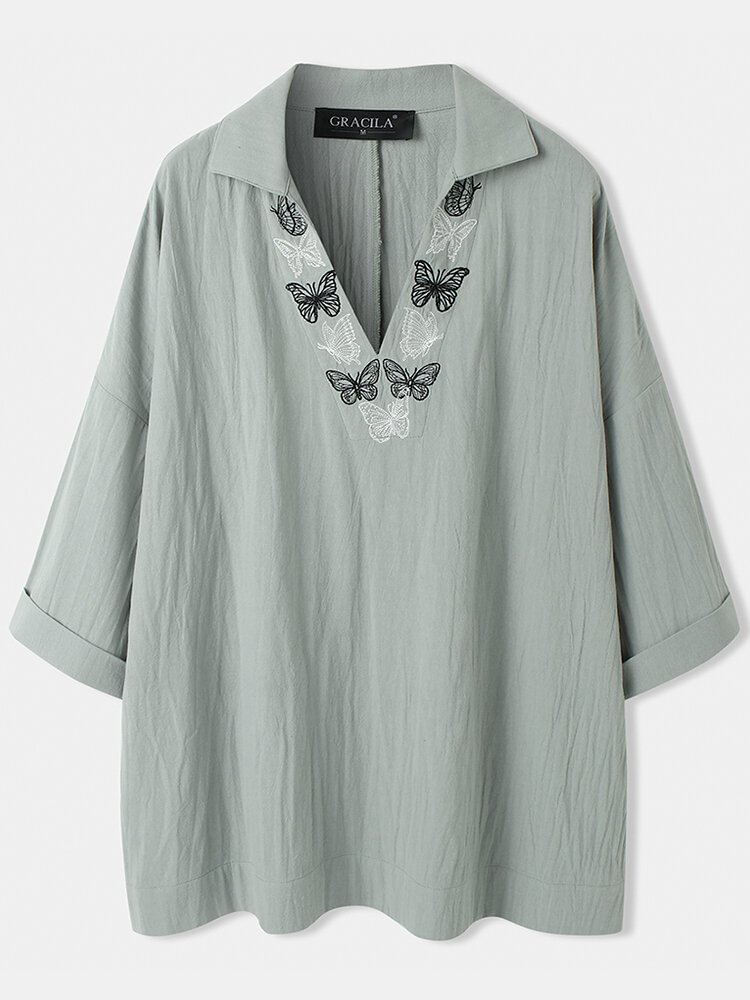 Butterfly Embroidery V neck 3/4 Length Sleeve Casual Blouse P1823887
