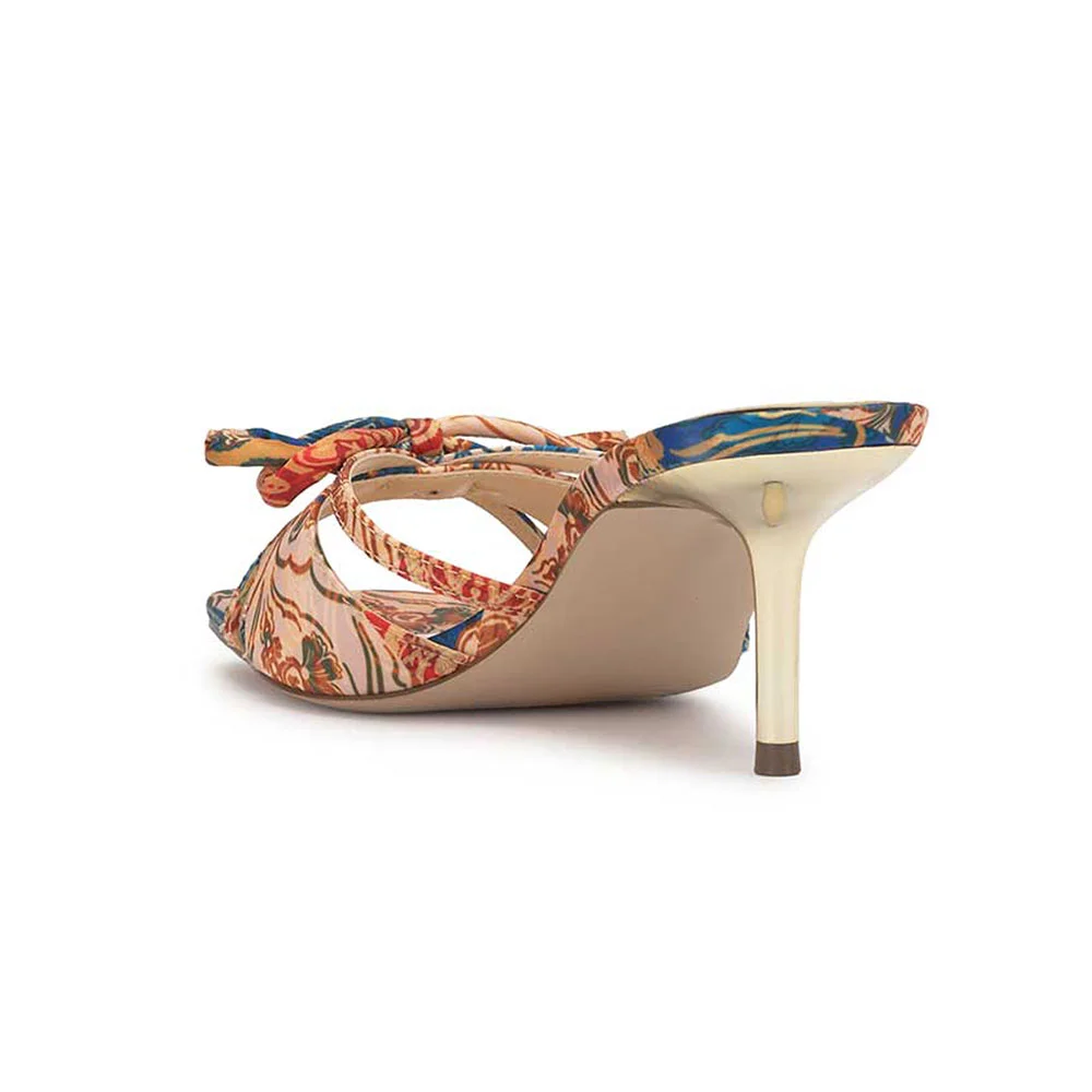 Multicolor Floral Print Open Toe Bow Slide Shoes with Stiletto Heels