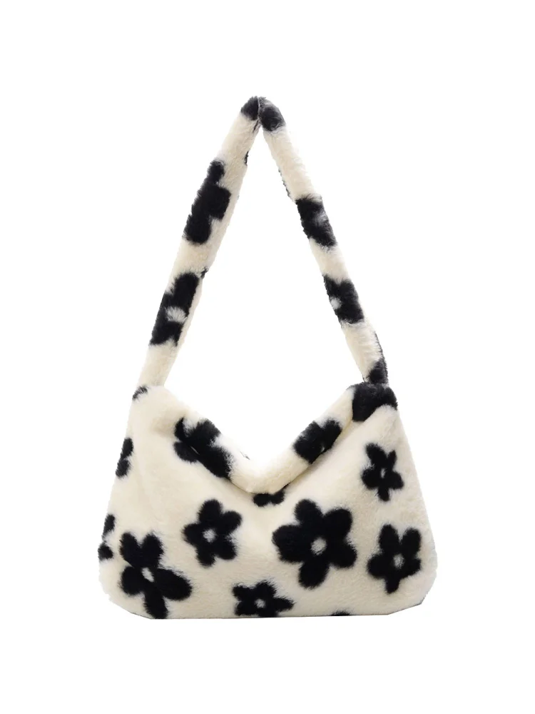 Flower Pattern Shoulder Underarm Bag Women Plush Top-handle Handbag (1)