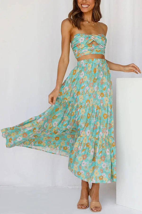 Sweeter Moments Floral Cutout Off Shoulder Top and Elastic Waist Maxi Skirt Set