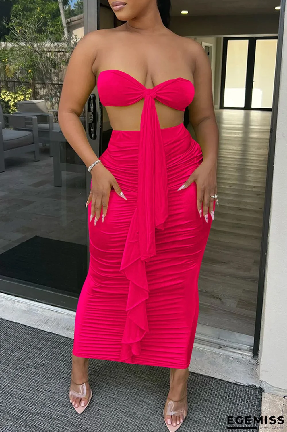 Rose Red Fashion Sexy Solid Patchwork Backless Fold Strapless Sleeveless Two Pieces | EGEMISS