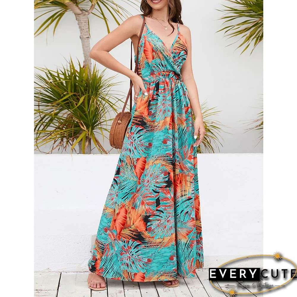 Orange Bohemia Print V Neck Maxi Dress