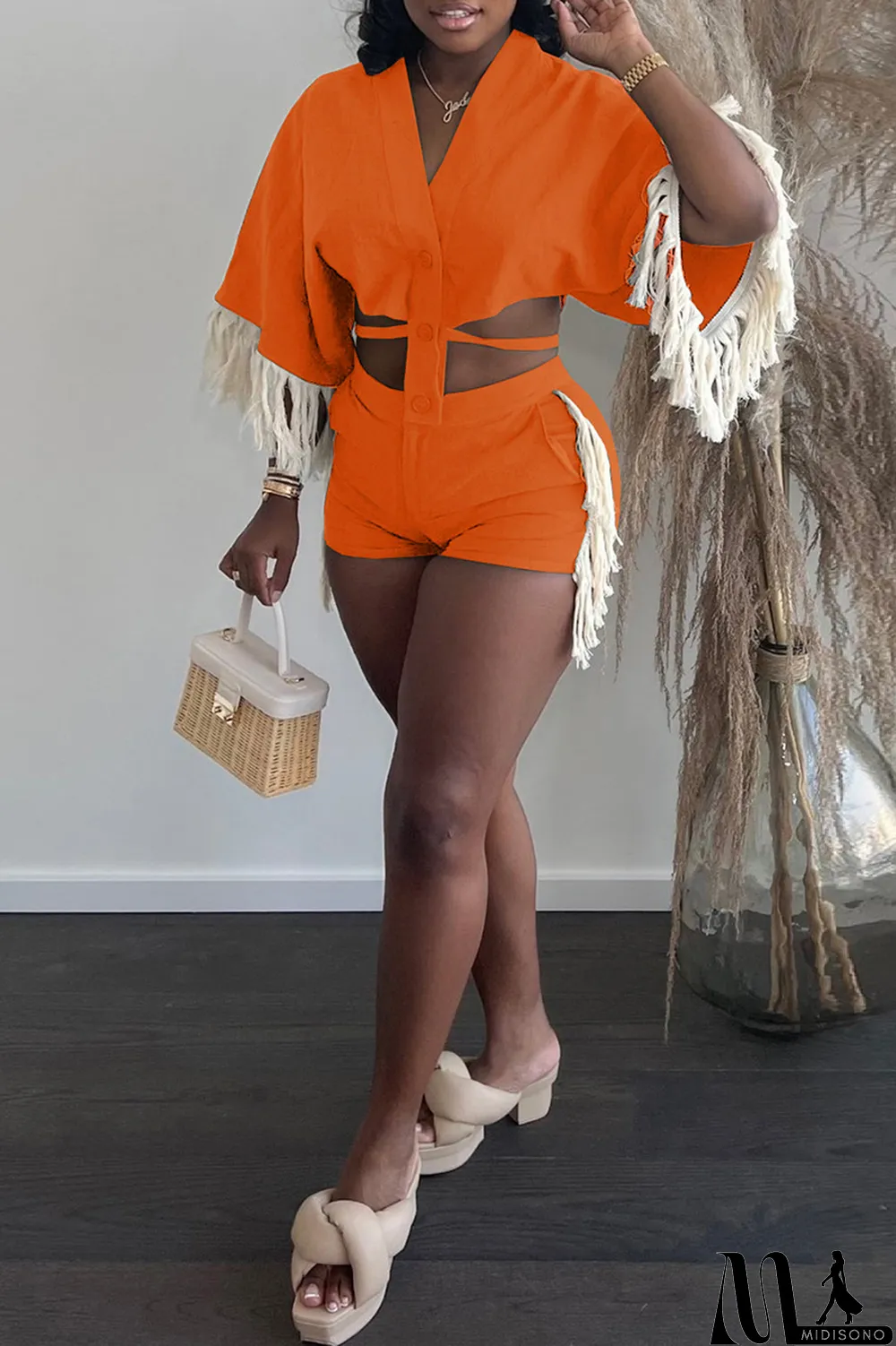 MidiSono - Orange Fashion Casual Solid Tassel Split Joint Frenulum V Neck Half Sleeve Two Pieces