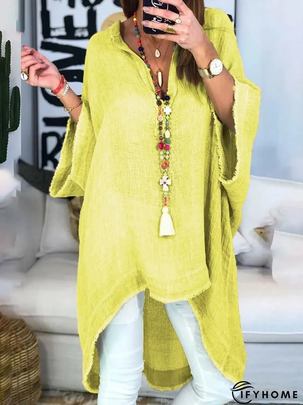 Women Half Sleeve Plain Boho V Neck Top | IFYHOME