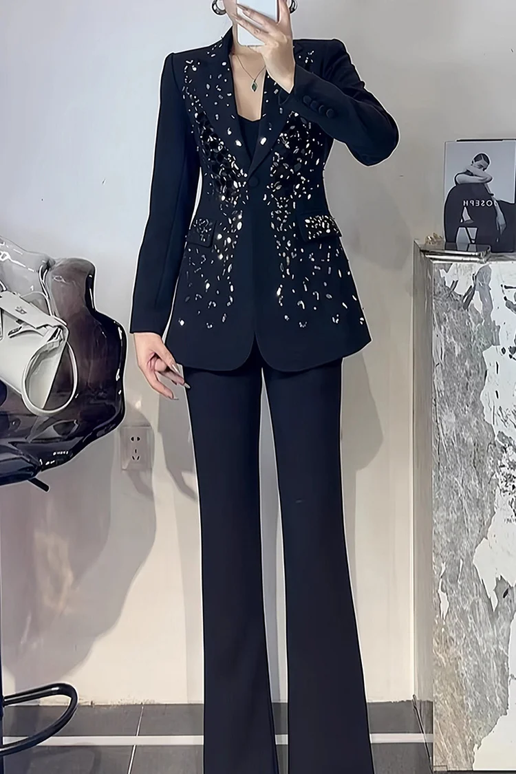 Sequin Notch Lapel Two Button Flare Leg Two Piece Pant Suit-Black