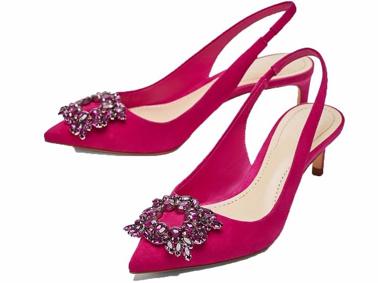 Magenta Pointed toe Crystal Slingback Kitten Heels Pumps |FSJ Shoes