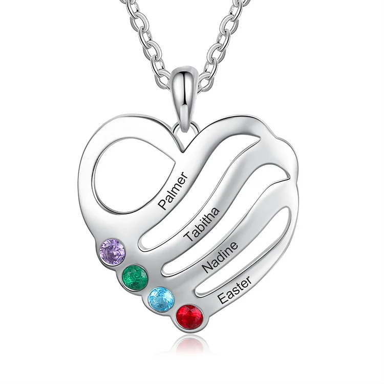 Personalized Heart Pendant Necklace with 4 Birthstones Family Necklace