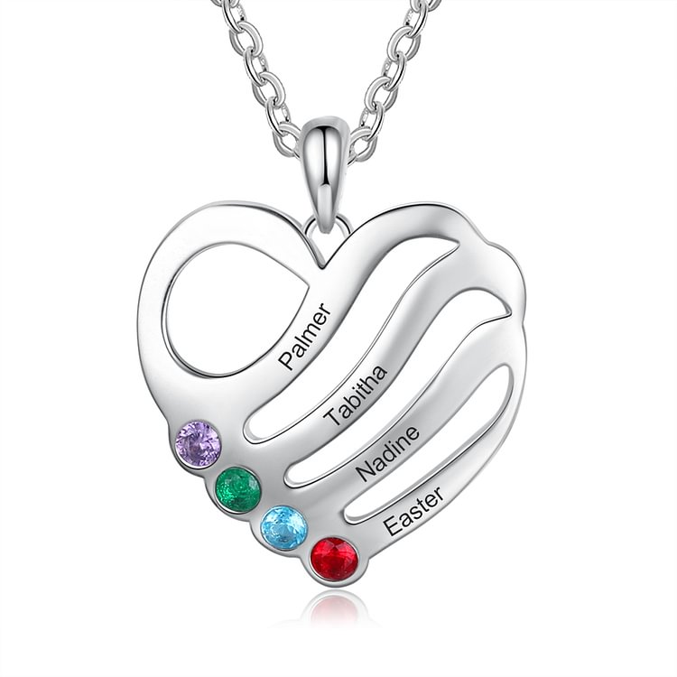 Collar de corazón 4 nombres personalizados con 4 piedras de nacimiento