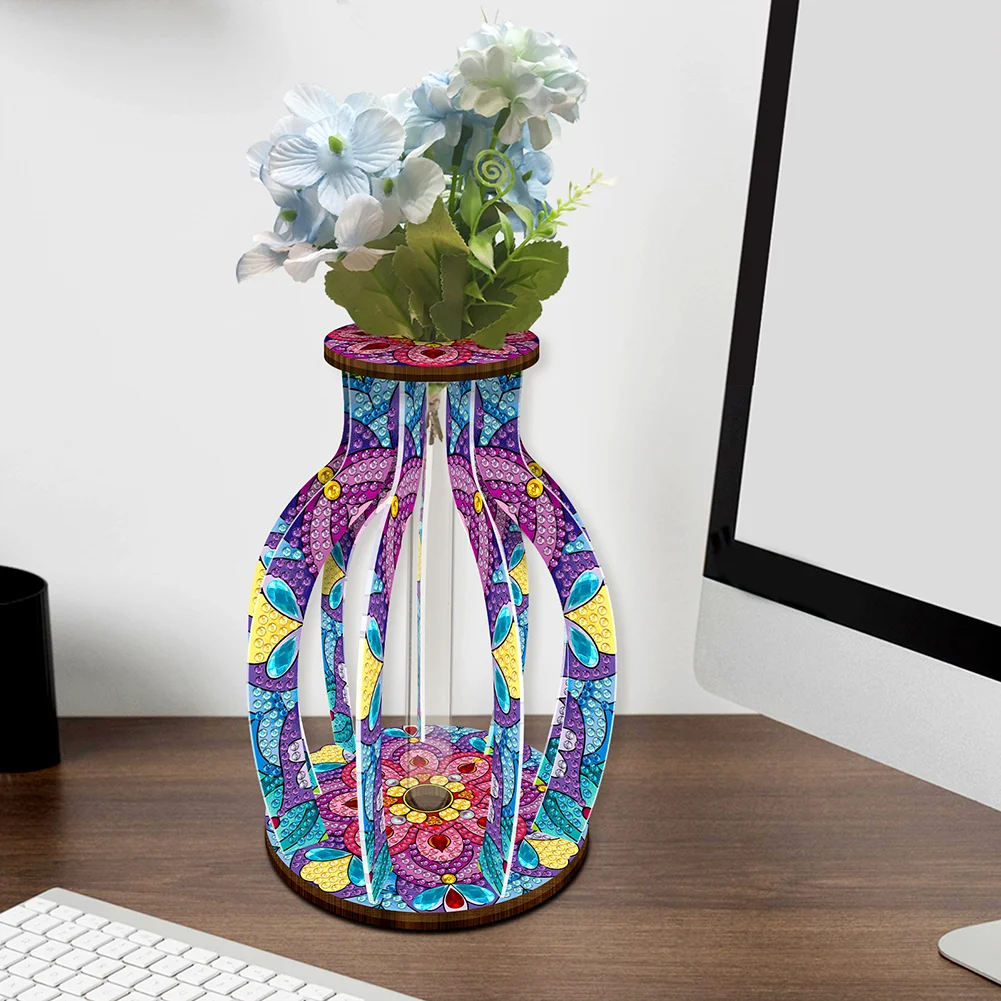DIY Wood Mandala Diamond Painting Flower Vase Ornaments for Home Office Decor