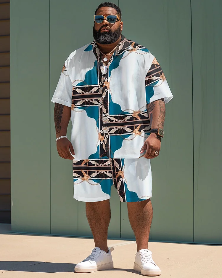 Men's Plus Size Vintage Luxury Pattern Print Short Sleeve Shirt Shorts Suit
