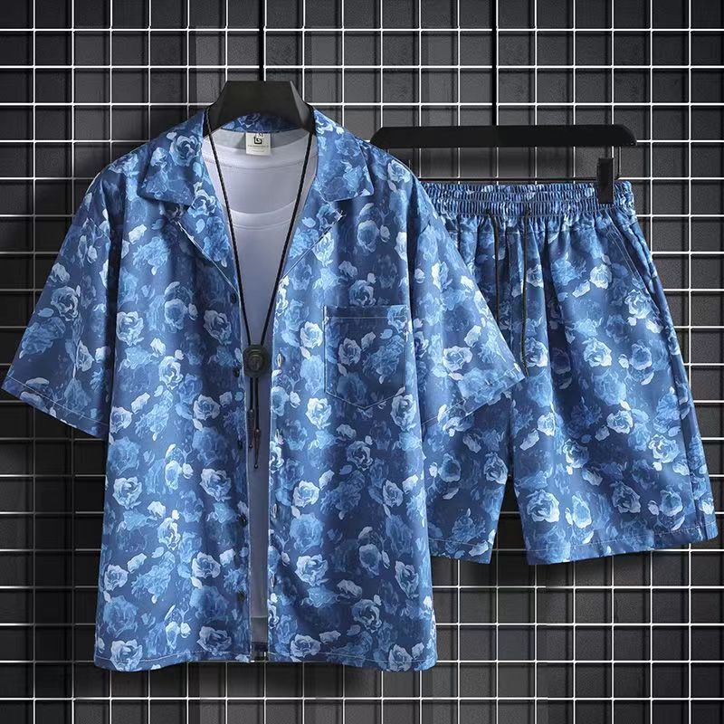 Wlmerlist New Summer Fashion Beach 2PCS Suits Mens Print Short Sleeve Shirt Tops And Shorts Two Piece Set Couple Hawaiian Holiday Outfits