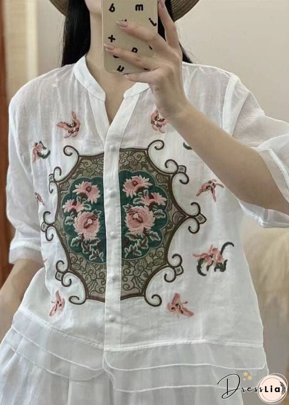 Retro Orange V Neck Embroideried Button Patchwork Linen Shirts Half Sleeve