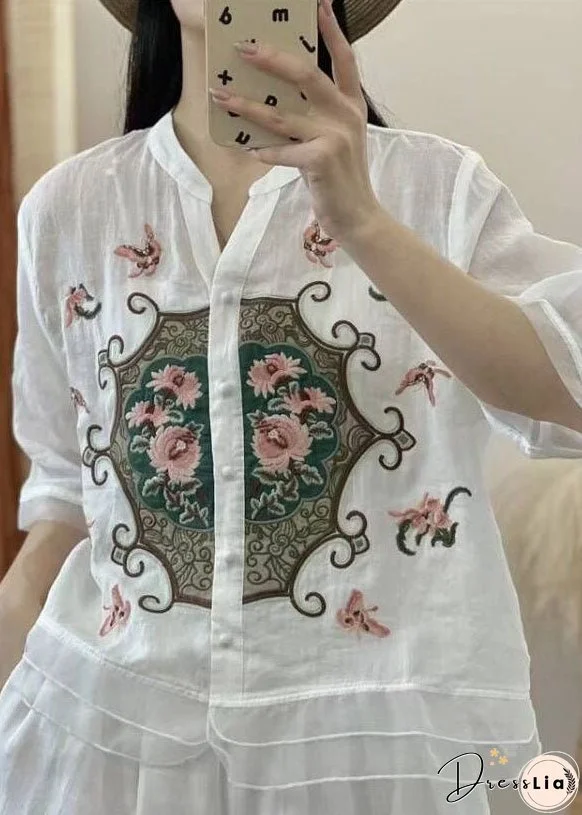 Retro Orange V Neck Embroideried Button Patchwork Linen Shirts Half Sleeve