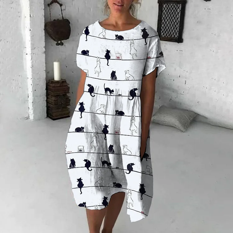Vefave Cat Print Casual Midi Dress