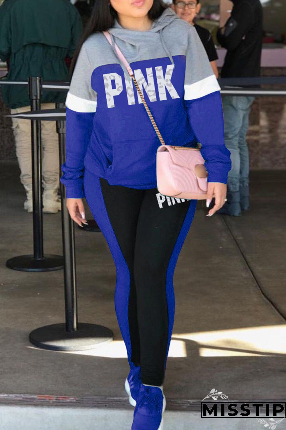 Blue Casual Letter Print Patchwork Hooded Collar Long Sleeve Two Pieces