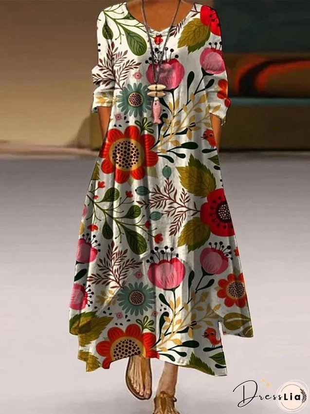 Women's Dress - Casual Dress Swing Dress Long Dress Maxi Dress White Beige Long Sleeve Animal Button Summer Spring V Neck Vacation Vacation Loose Fit S M L XL XXL 3XL 4XL 5XL
