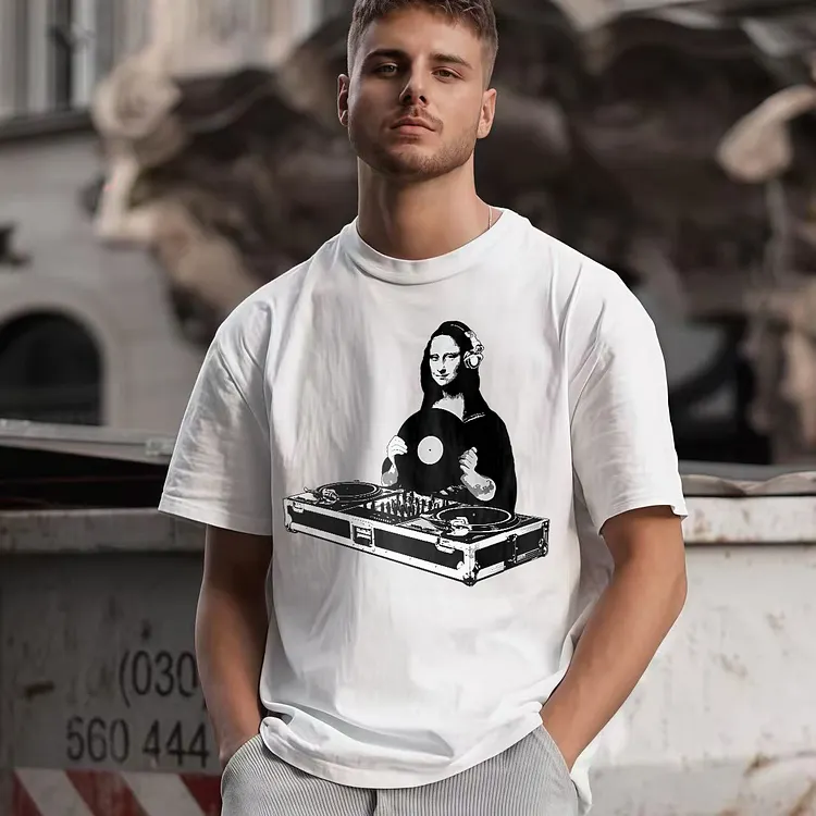 Mona Lisa With Headphones Djing Turntables Printed Men's T-shirt