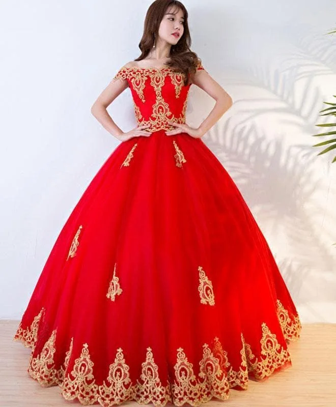 Red Lace Off Shoulder Long Prom Dress, Sweet 16 Dress