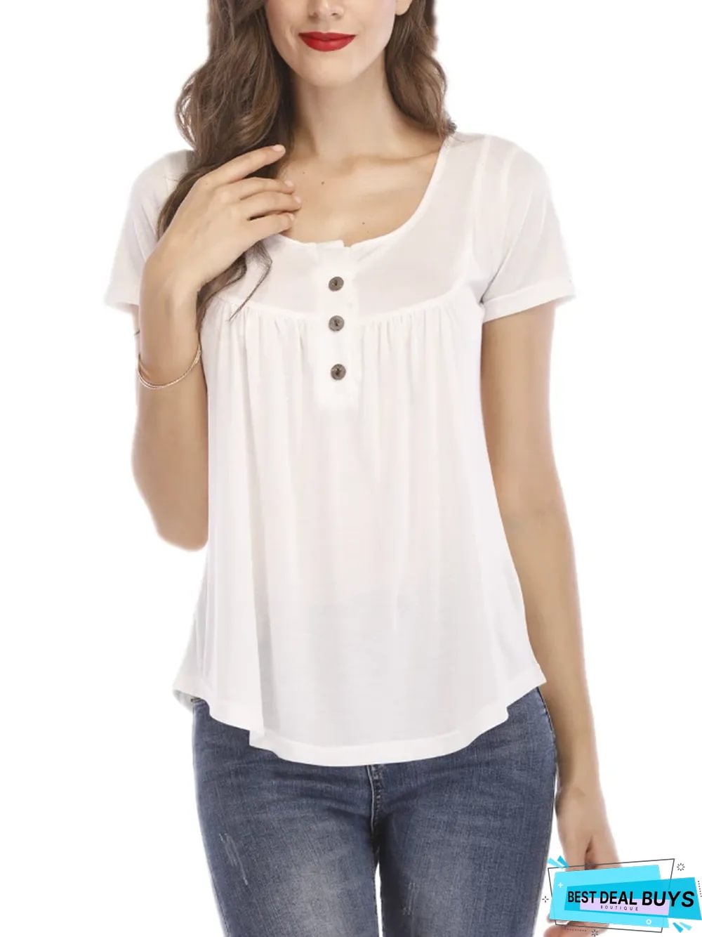 New Women's Pleated Button Loose Short Sleeve T-Shirt