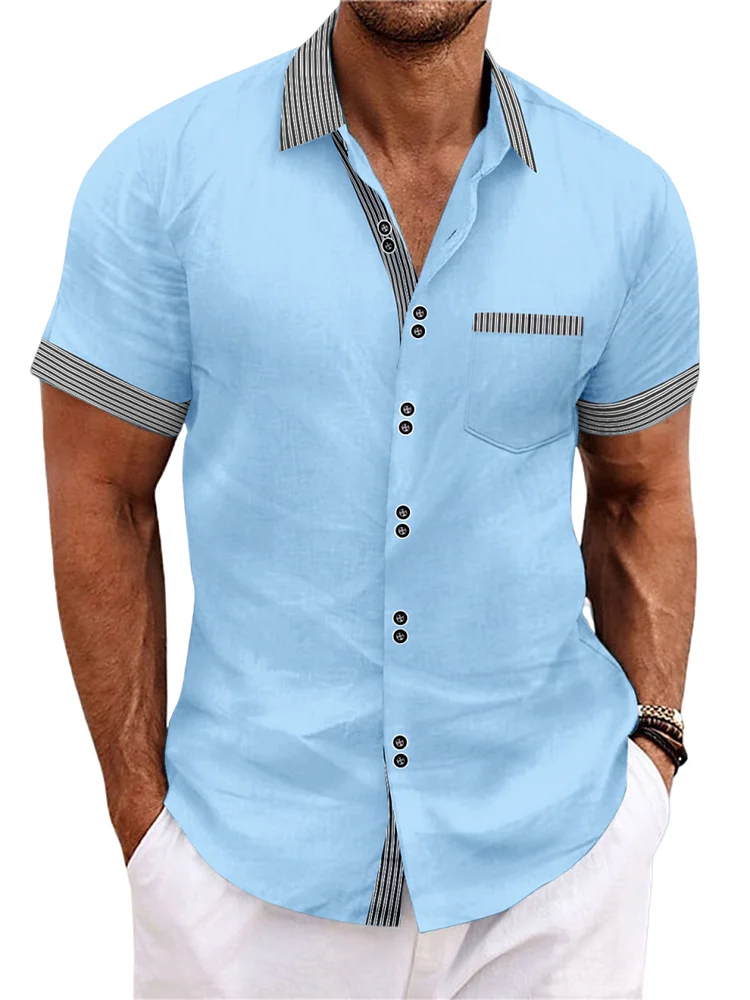 Men's summer cotton and linen solid color striped two-button short-sleeved shirt