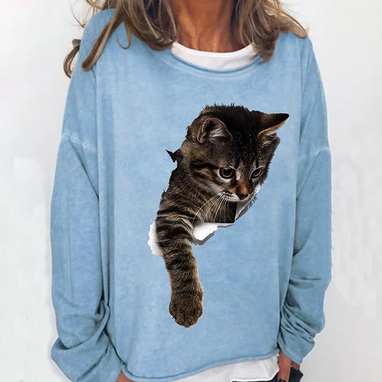 Vefave Casual Long Sleeve Cat Print Sweatshirt