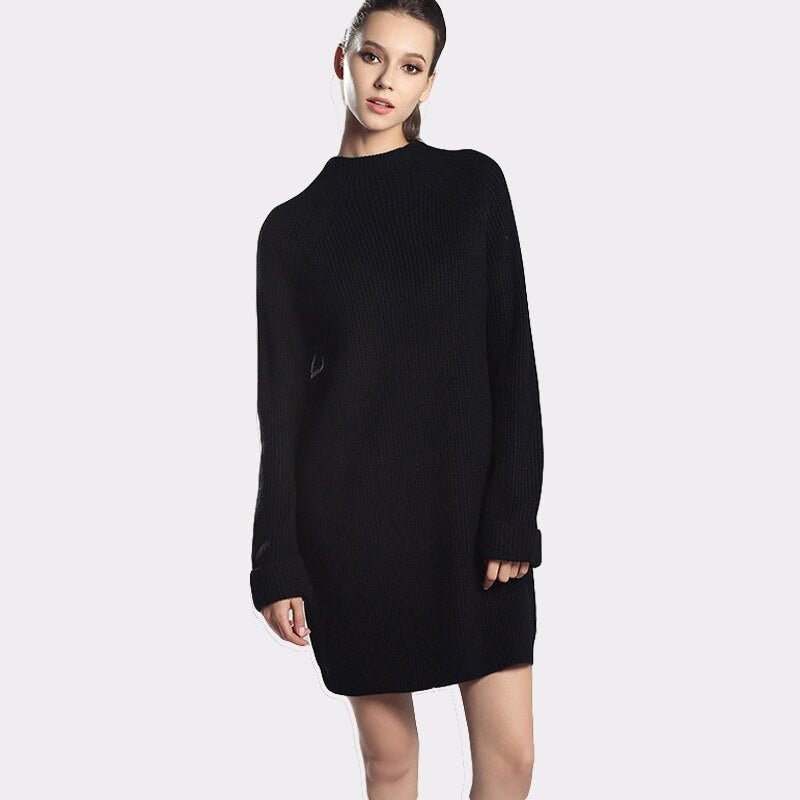 Autumn Winter Solid Knitted Cotton Sweater Dresses Women Fashion Loose O-neck Pullover Female Knitted Dress Vestidos Feminino