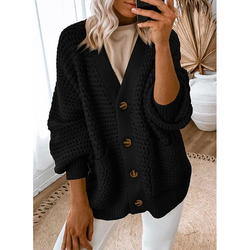 Athvotar Athvotar And Winter New Single-Dbutton V-Neck Sweater Women Loose Lantern Sleeve Jacket