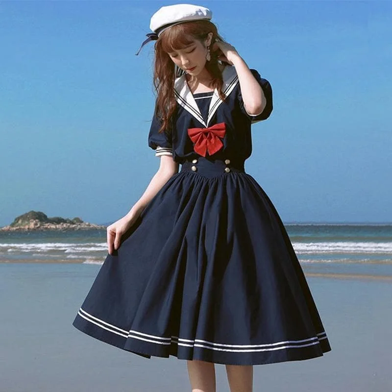 Sweet Bow-knot Harajuku Sailor Collar Navy Lolita Dress SP15292