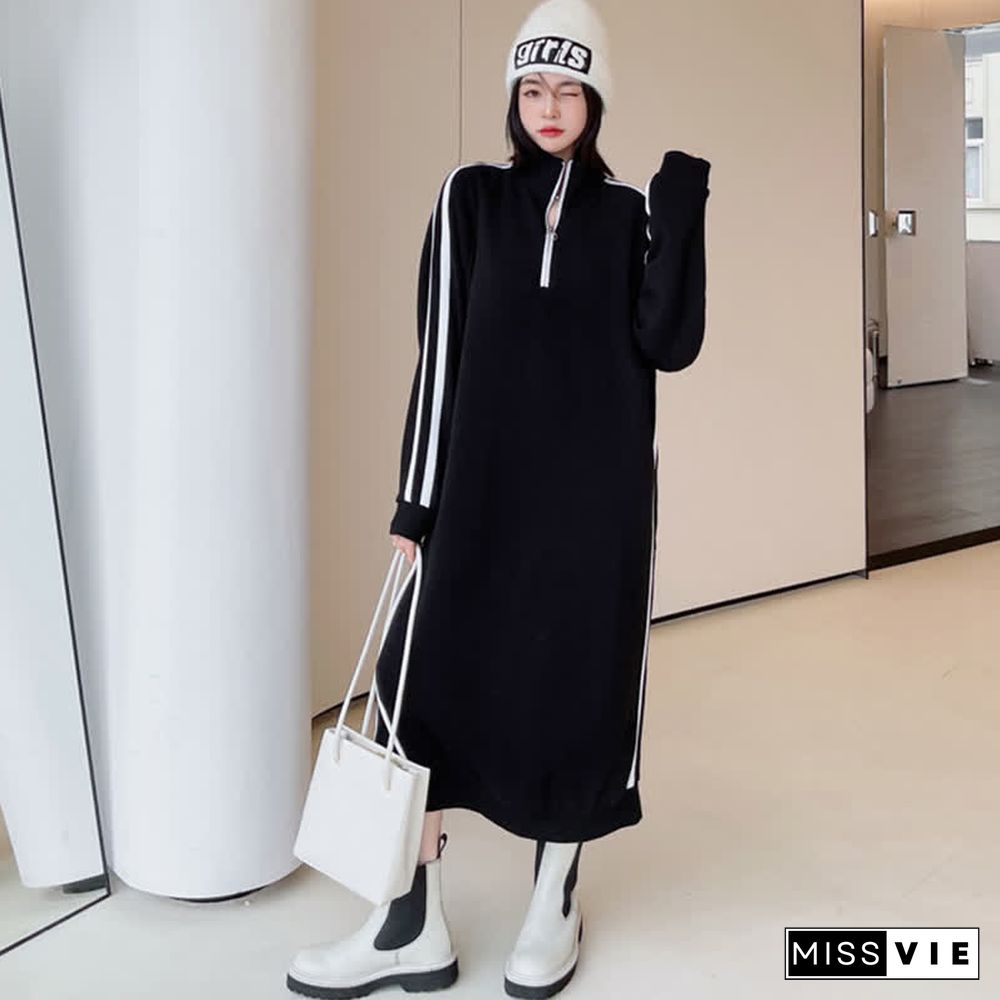 Plus Size Stripe Zipper Long Sleeve Loose Dress