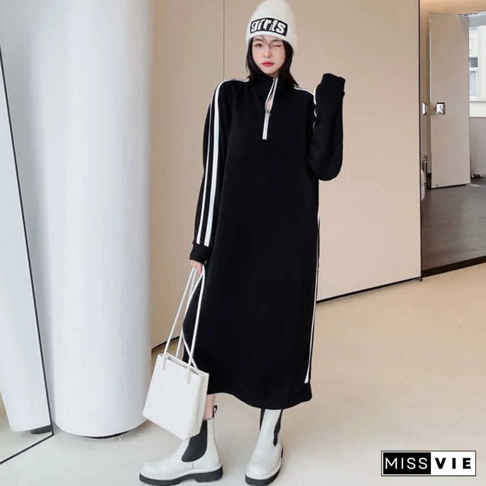 Plus Size Stripe Zipper Long Sleeve Loose Dress