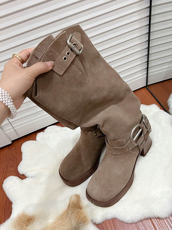 Buckle Round-Toe Split-Joint Velvet Boots Pumps