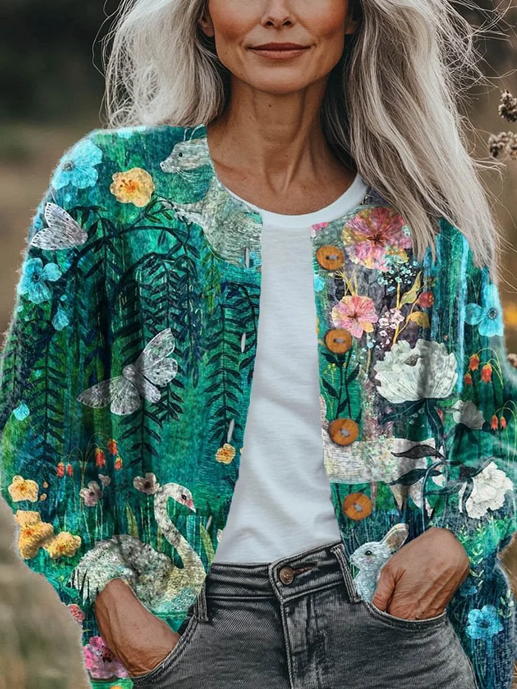Women's Lovely Floral Animals Art Print Buttoned Cardigan Sweater