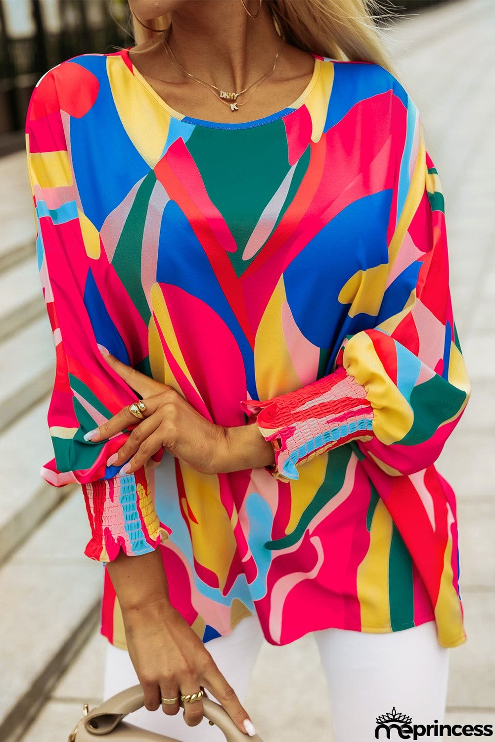 Printed Round Neck Smocked Wrist Lantern Sleeve Blouse