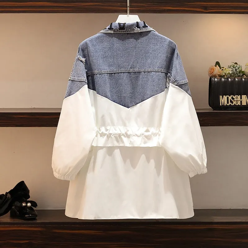 Patchwork Denim Women's Windbreaker Lapel Lantern Sleeve Hit Color Drawstring Plus Size Coat Female 2021 Autumn Fashion Clothes