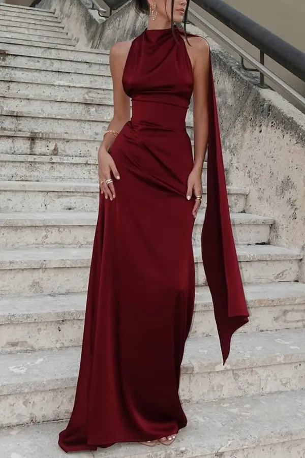 Solid Color Satin Elegant Sleeveless Waist Maxi Dress