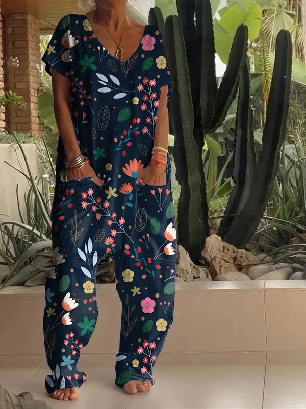 Casual Floral Print V-neck Jumpsuit