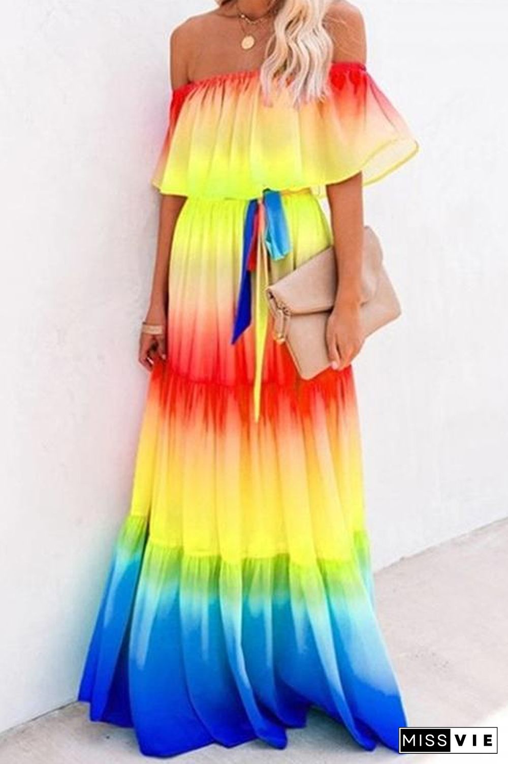 Gradient Off Shoulder Belted Maxi Dress