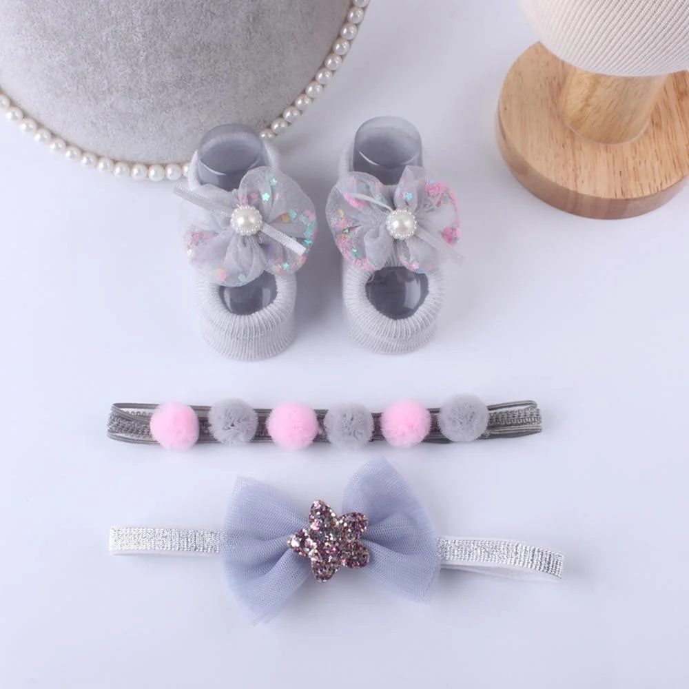 2019 Baby Accessories + Socks 3Pcs Set Kids Newborn Baby Cartoon Socks Anti-slip Sock Shoes Boots Bowknots Floor Slipper Socks